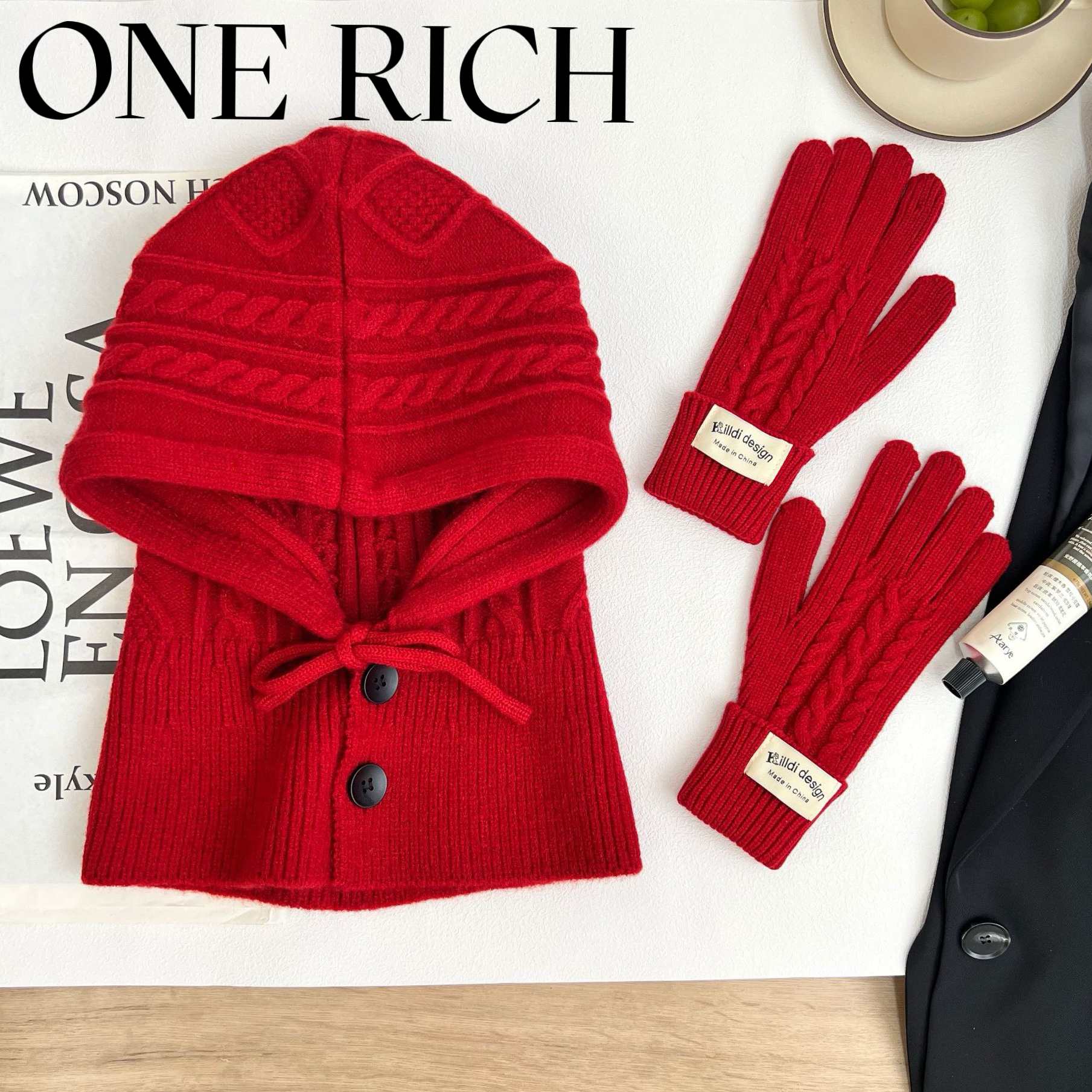 ONE RICH巴拉克拉法帽韩版洋气针织帽保暖脖套包头毛线手套俩件套