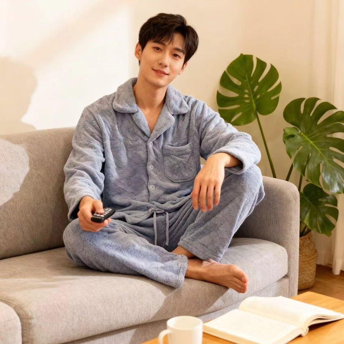101501冬季新款男士加厚保暖双面绒家居睡衣套装