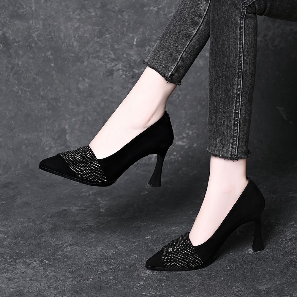 真皮羊皮水钻尖头浅口单鞋女春秋新款气质百搭一脚蹬细跟高跟鞋