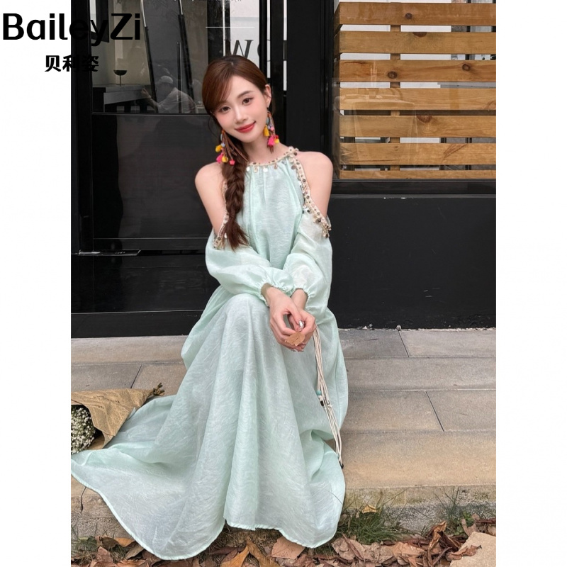 2025我的手缝贝壳花边浅杏色连衣裙波西米亚度假风茶歇挂潮流百搭