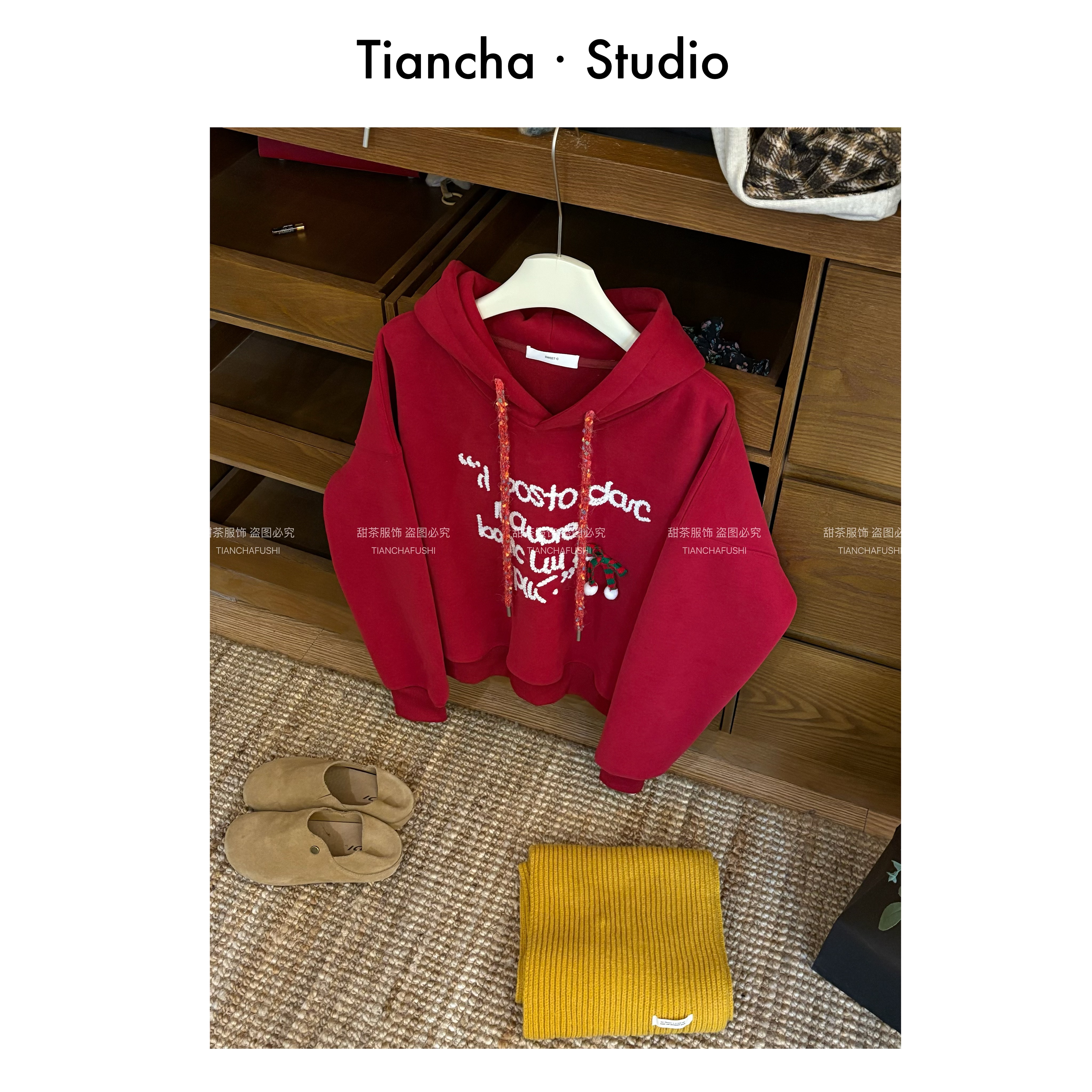 sweet c【红红火火】G0179#韩系秋冬连帽长袖落肩卫衣宽松百搭女