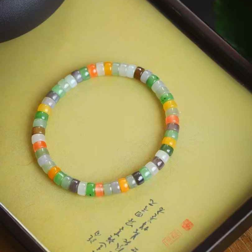 【药片手串】3×6mm重13 青海料暖白色烟紫色晴水色碧玉糖料黄玉