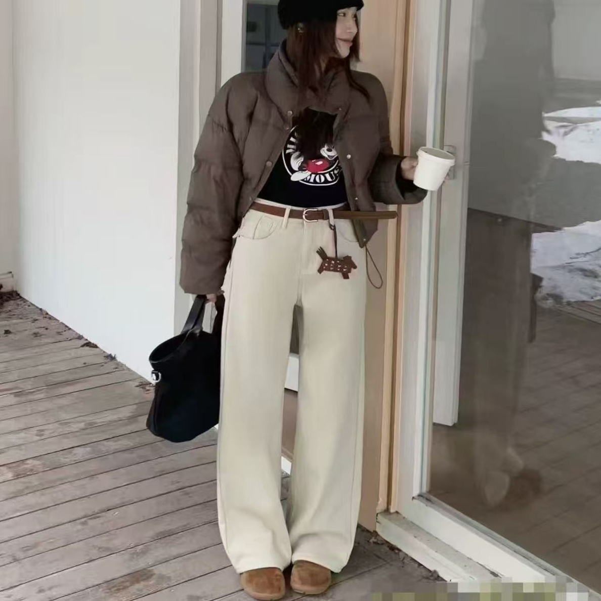 JEANS欧货杏色加厚加绒窄版牛仔直筒裤女2025冬高腰宽松百搭长裤