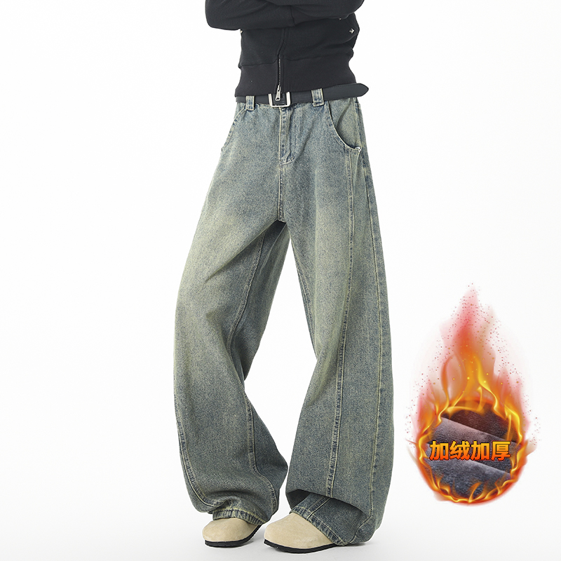 秋冬复古新款弯刀显瘦牛仔裤半松紧腰纽扣款美式宽松高街风in