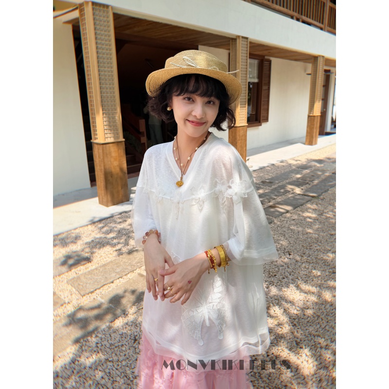 MoNvKiKiPlus2「浪漫满屋」微胖大码70莱赛尔花蝴蝶蕾丝T恤#2530