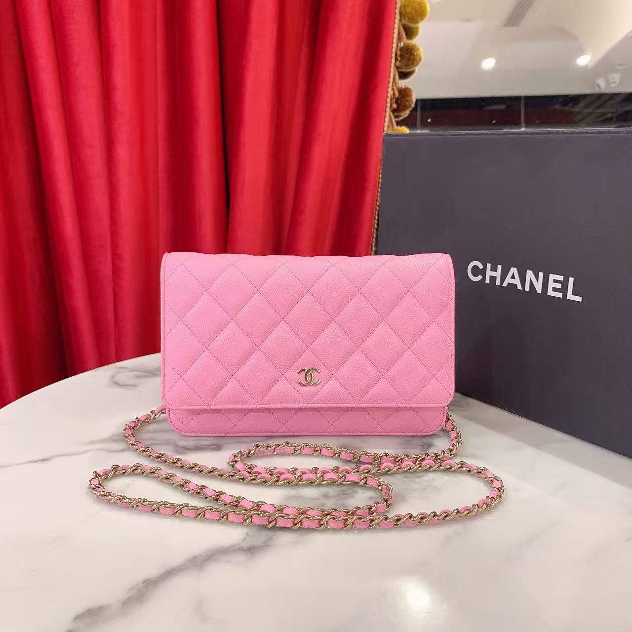 95新 Chanel/香奈儿 GGS发财woc樱花粉金扣牛皮芯片款60667507