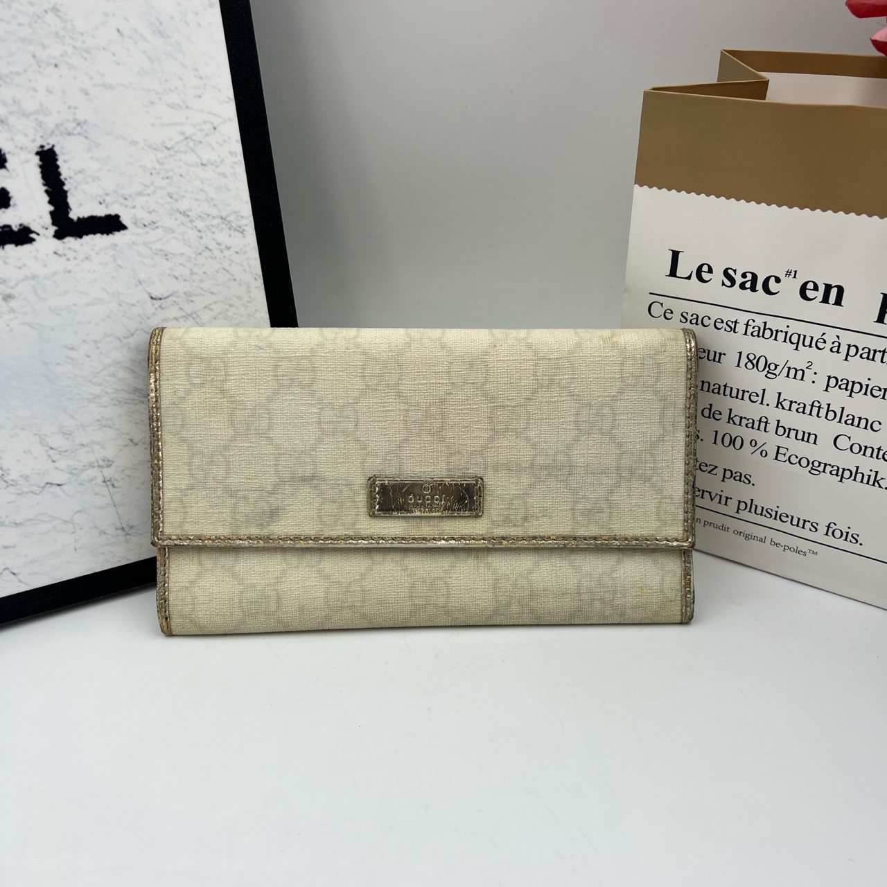 95新 GUCCI/古驰 白金长款钱包 8373