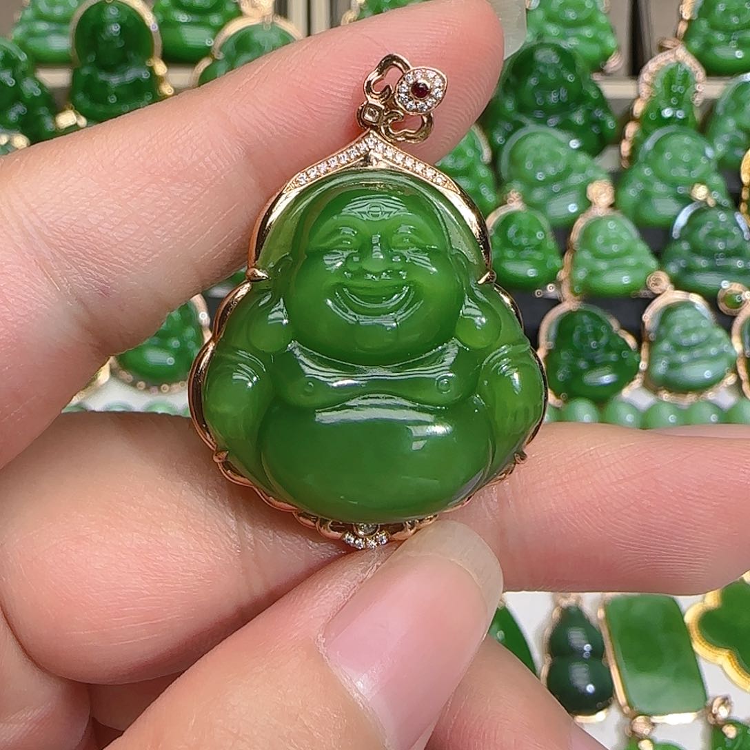 和田玉（碧玉）吊坠(不含链)18K金镶嵌