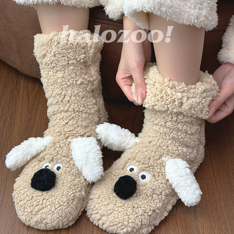 毛茸茸小狗地板袜子女暖脚神器秋冬季睡觉居家加绒加厚保暖珊瑚绒