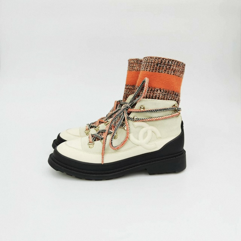 99新 Chanel/香奈儿 拼色针织双C袜靴女靴37.5码2724