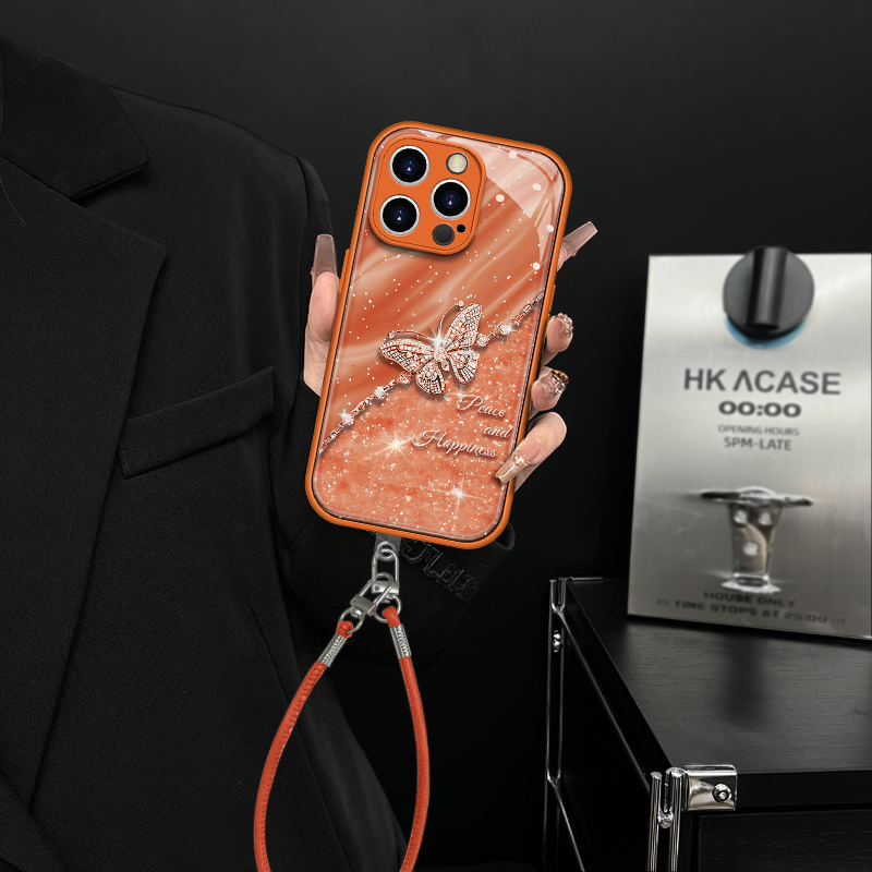 适用【苹果/oppo/华为/vivo/小米】金属漆爱马橙蝴蝶水凝壳防摔女款