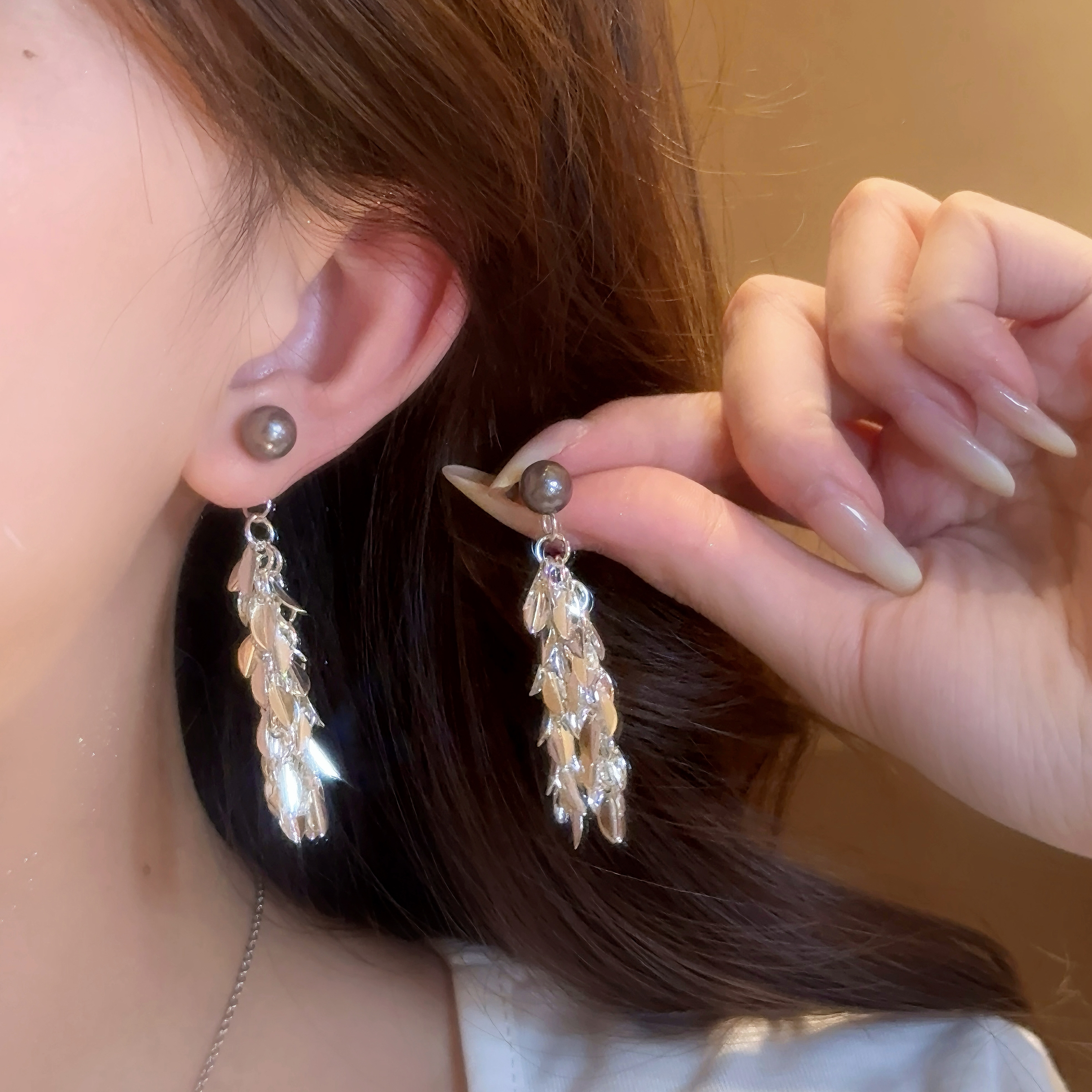 铜合金耳饰 流苏麦穗灰珍珠耳钉女独特夸张耳环方圆脸显瘦耳饰