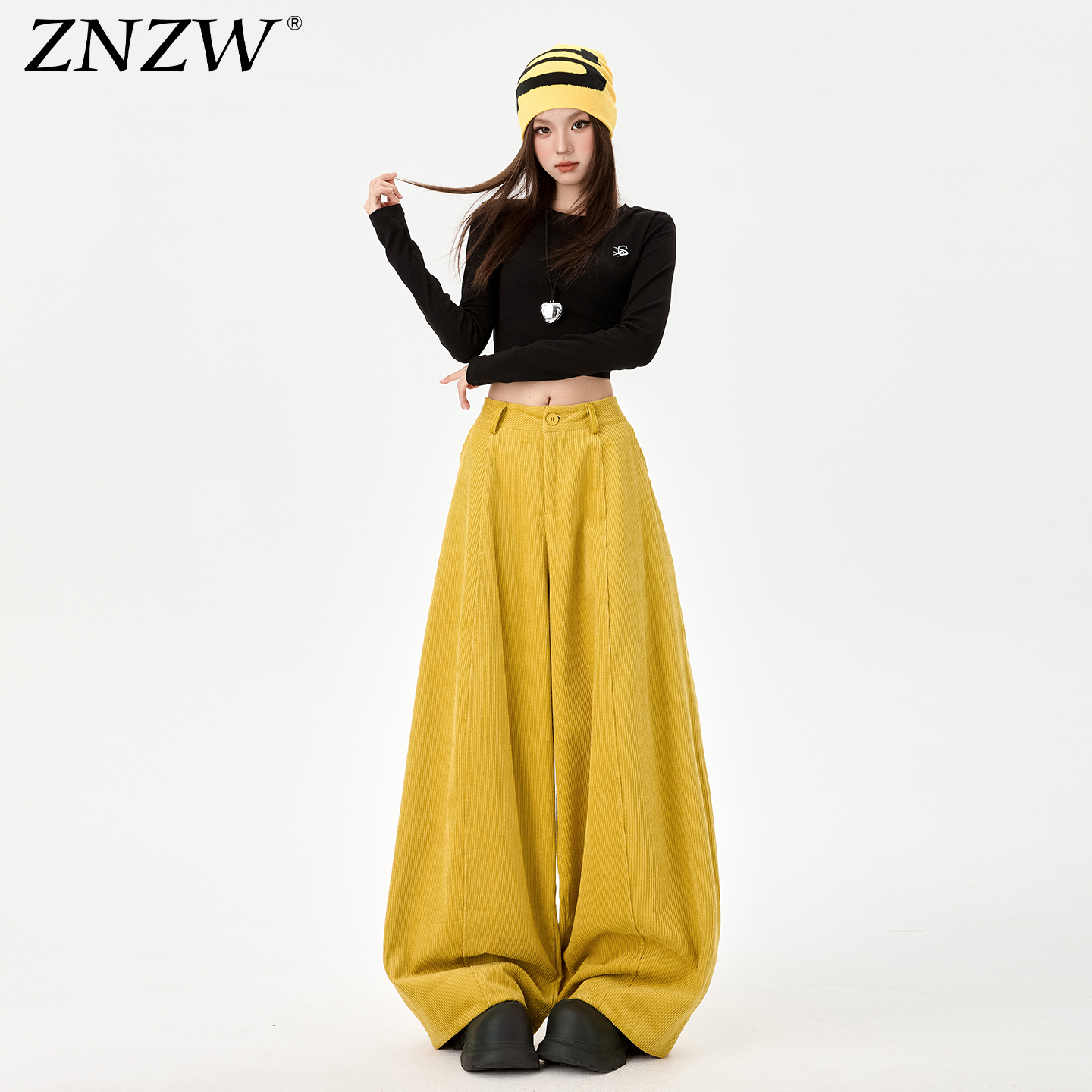 ZNZW黄色灯芯绒裤子女加厚保暖2025冬季新款宽松慵懒感休闲阔腿裤