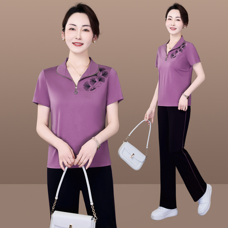 恩狐2025夏季新款时尚半拉链T恤两件套中年妈妈夏装运动服套装