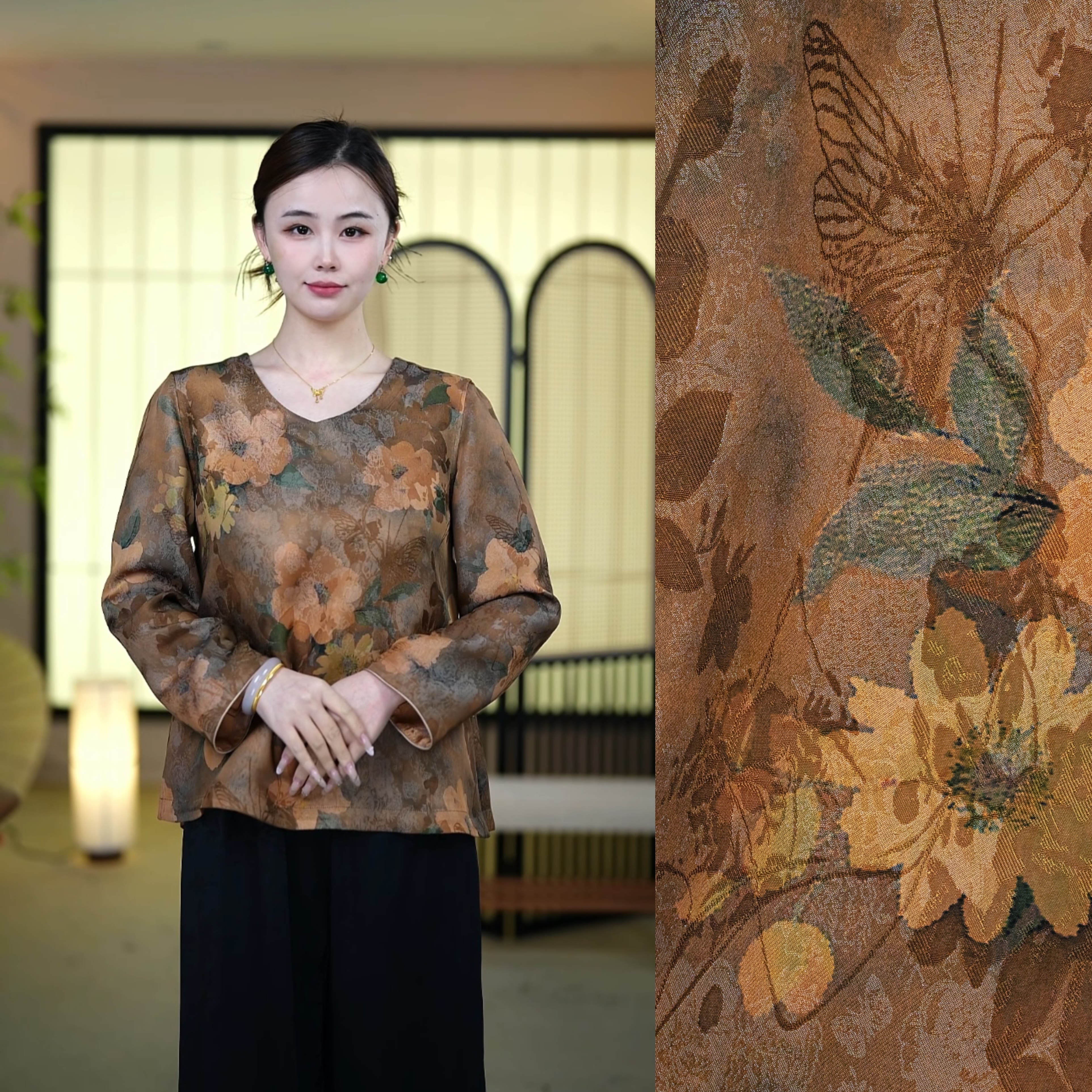 【漫歌】新中式国风水墨牡丹印花上衣中国风气质宽松女装C515199