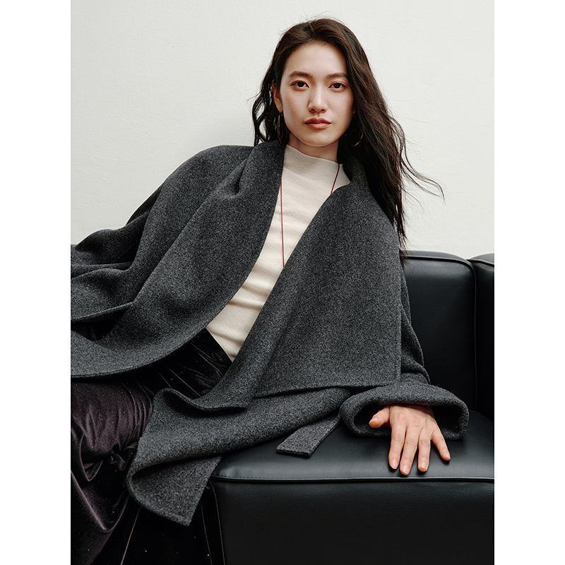 100%全羊毛黑色围巾领大衣女2025年冬装新款双面呢子外套
