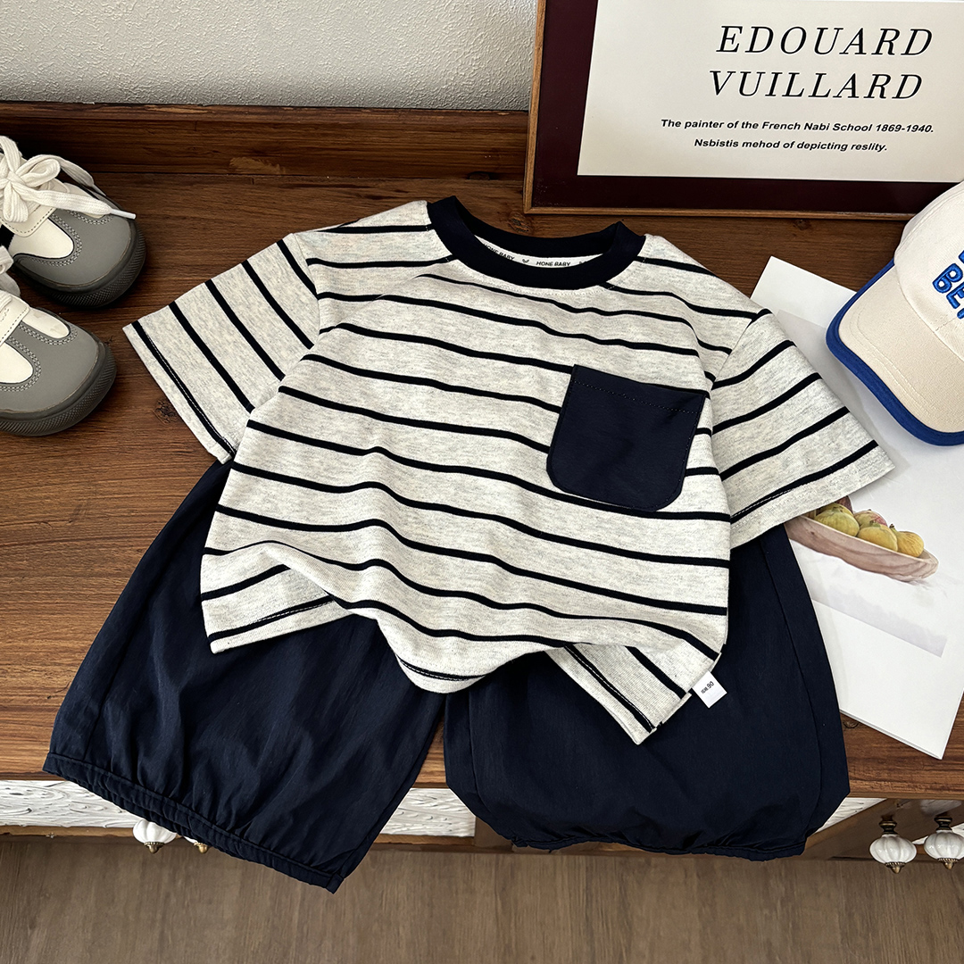 2025夏季新款儿童条纹短袖T恤韩版男女休闲裤儿童套装