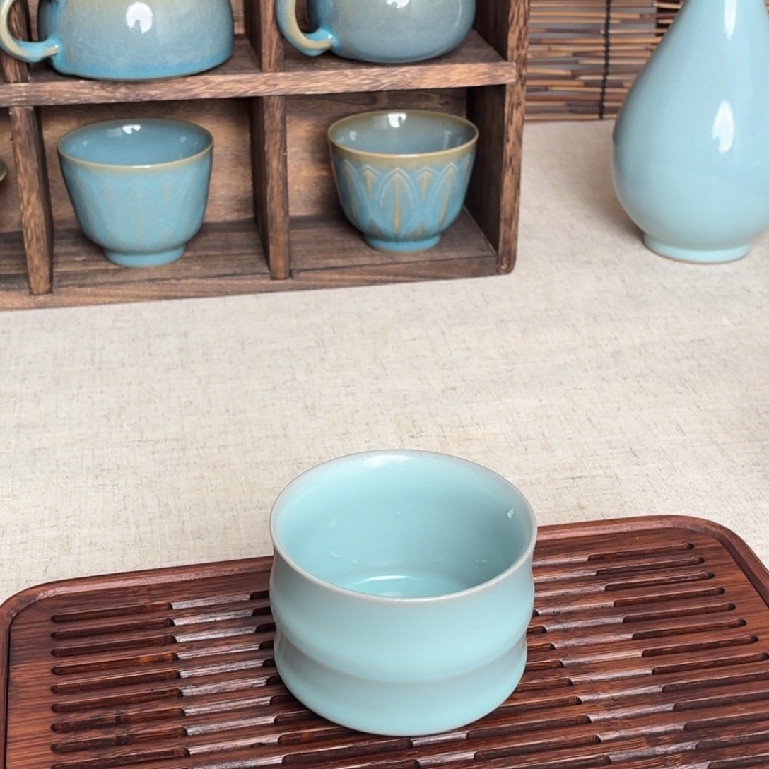 摆件陶仿古天青竹节杯