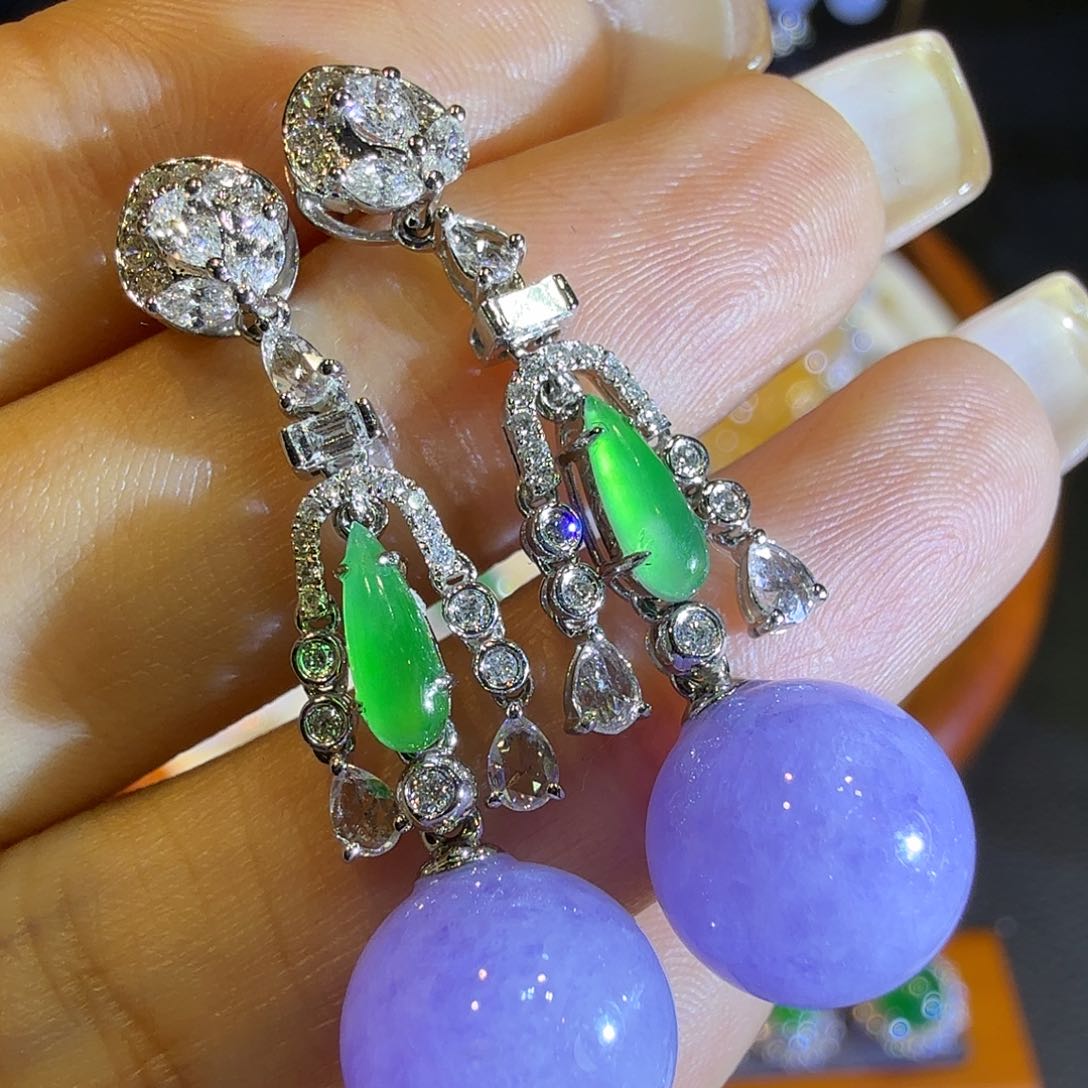 翡翠耳饰18K金镶嵌正冰种紫罗兰珠子耳坠