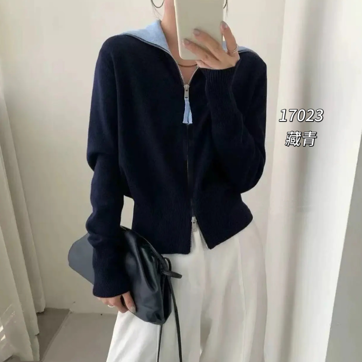 17023 CHUXUN（部分无水洗唛，介意慎拍)大翻领拉链款撞色针织衫