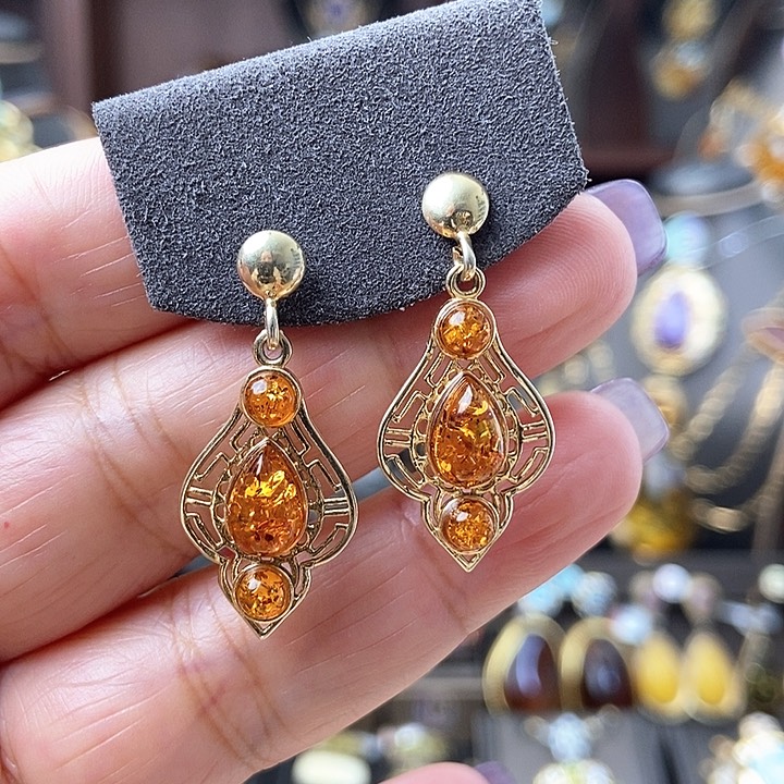 琥珀耳饰银S925镶嵌耳钉