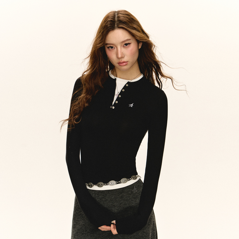 Ariseism 美式复古修身假两件长袖T恤女春季新款内搭打底上衣