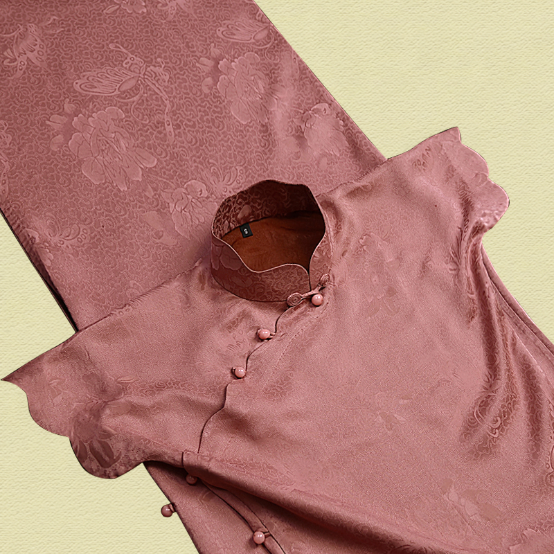 『桃之夭夭』温柔气质新中式夏季新款全开襟古法旗袍透孔罗红云纱