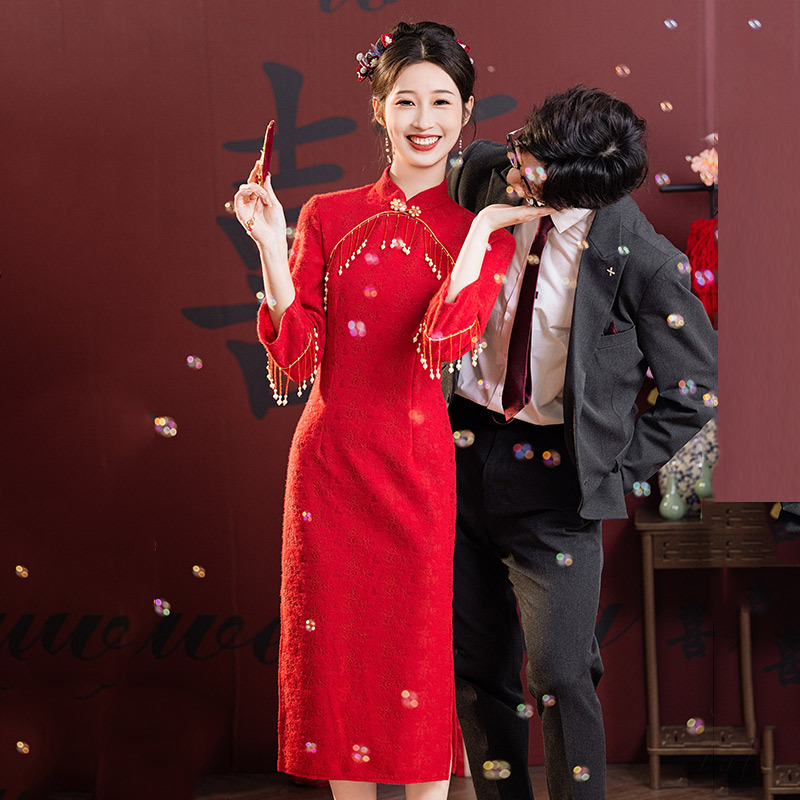 【喜满良辰】红色中式改良旗袍复古中长袖婚礼新娘结婚订婚敬酒服