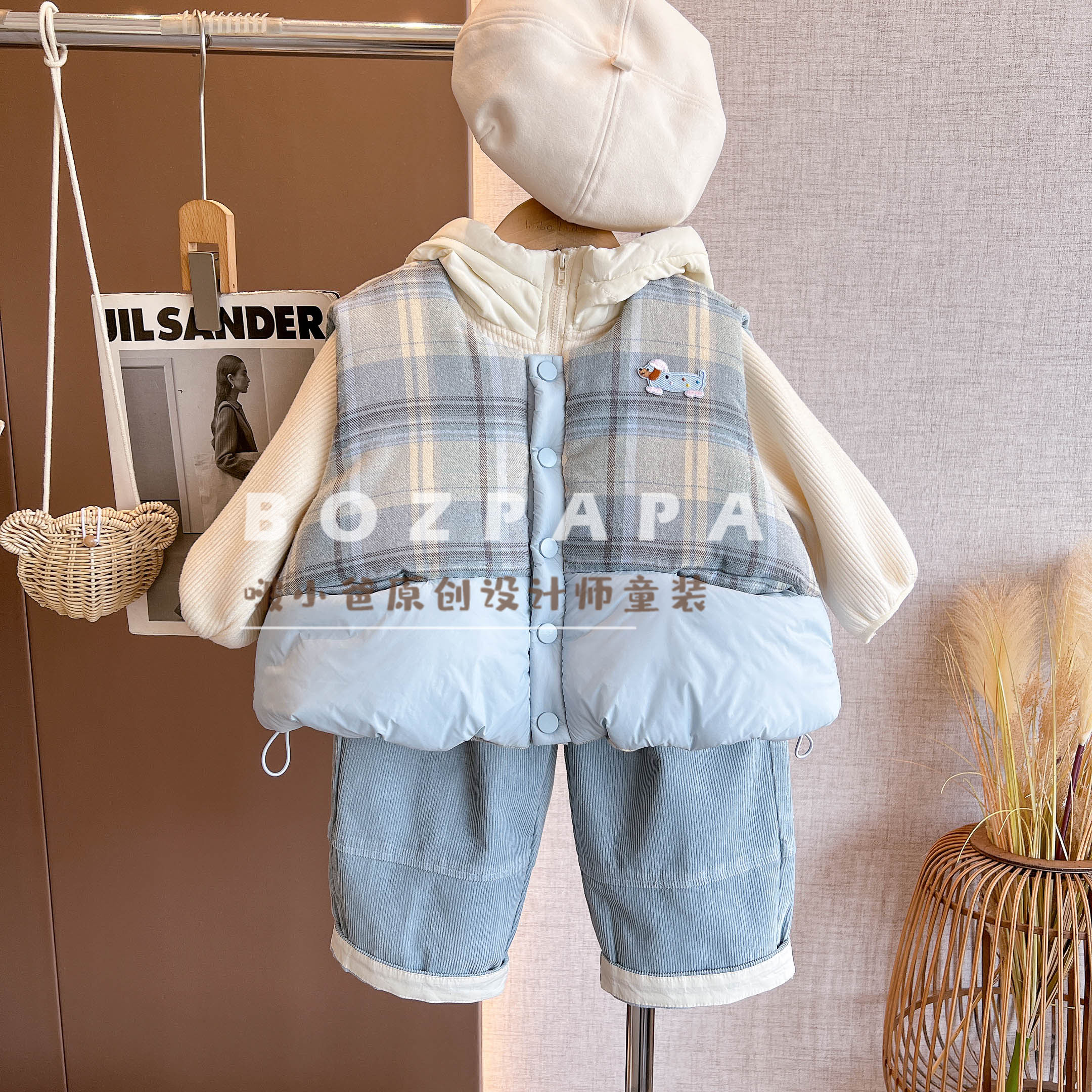 现货啵小爸【野趣蓝格】2025秋冬季男童韩系拼接格纹夹棉马甲套装