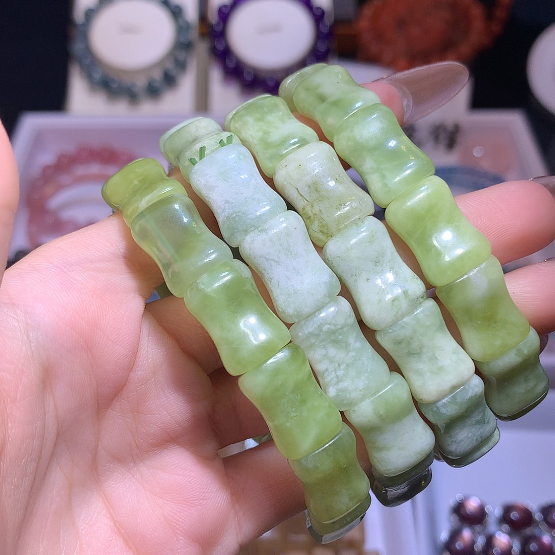 水晶手串未镶嵌青提奶盖岫玉竹节手排11mm多样性发其一