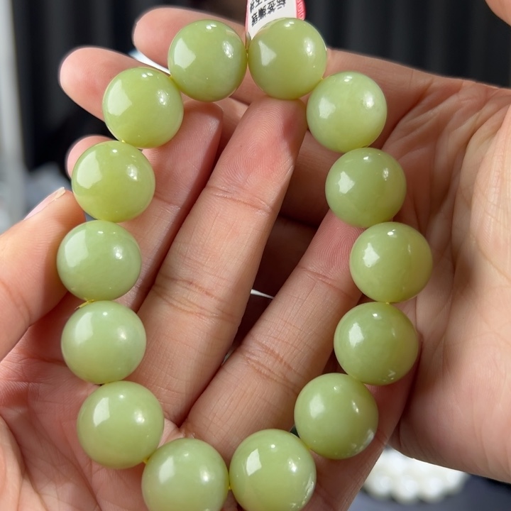 和田玉手串未镶嵌新疆若羌青黄口卡16圆珠