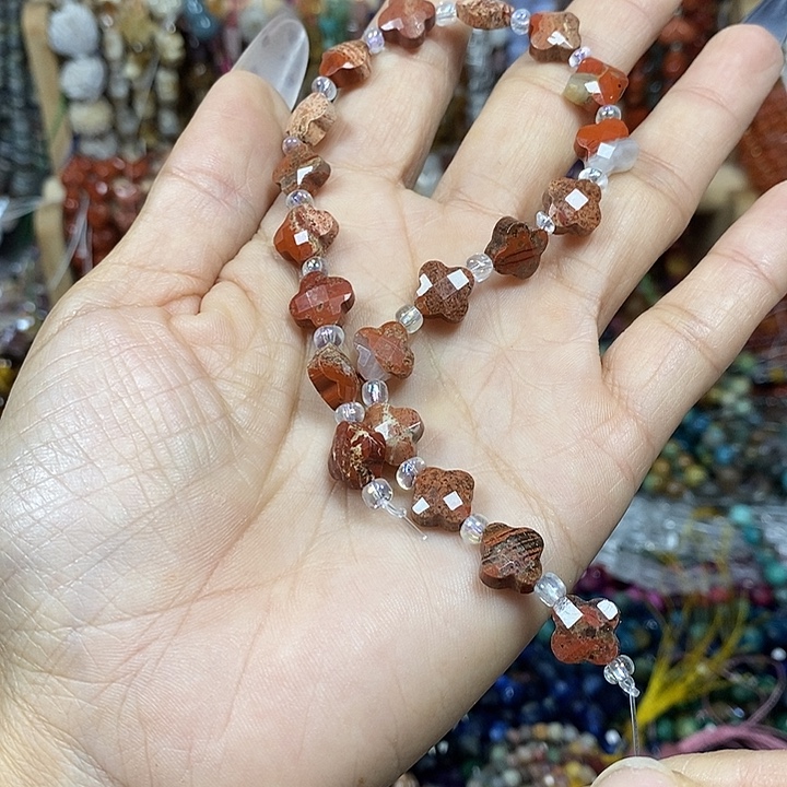 玛瑙/玉髓未镶嵌珠宝半成品天然花红切面四叶草卡10mm