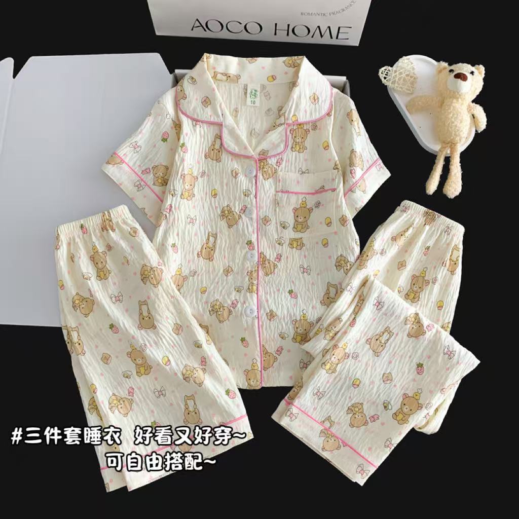 三件套女童睡衣夏季短袖云朵棉2026新款大童可爱轻松熊家居服套装