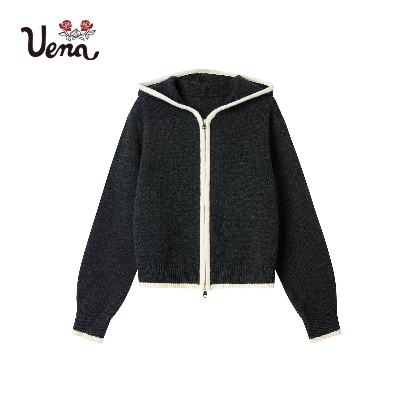 【慵懒时光】Uena秋冬休闲舒适百搭撞色拼接连帽全羊毛针织开衫女