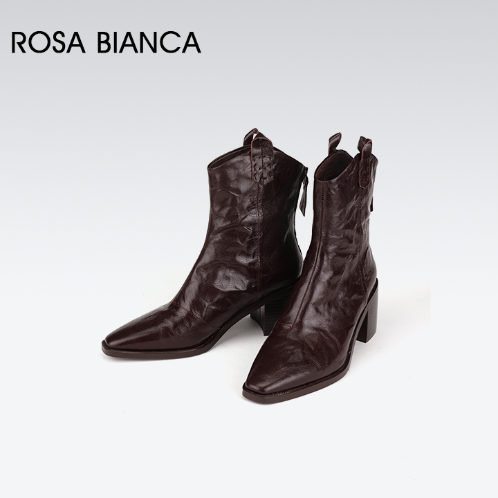 手工抓花羊皮 英伦复古褶皱肌理粗跟感西部靴SDX304382