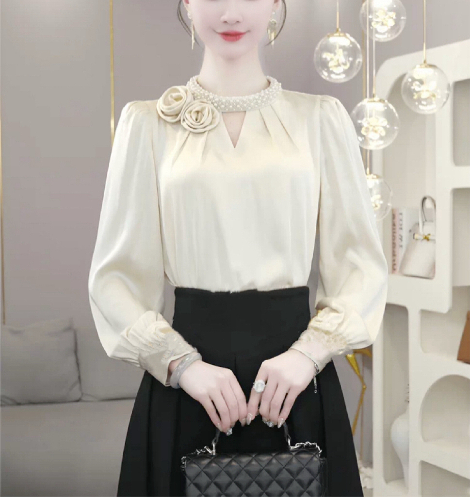 【薄款/加绒款】法式立领花朵拼接长袖衬衫女春装2025新款上衣小衫