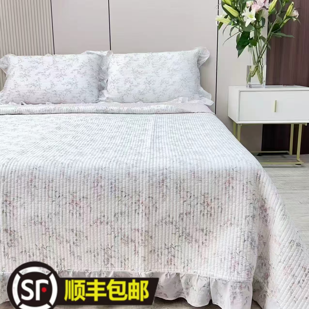 印花天丝床盖三件套