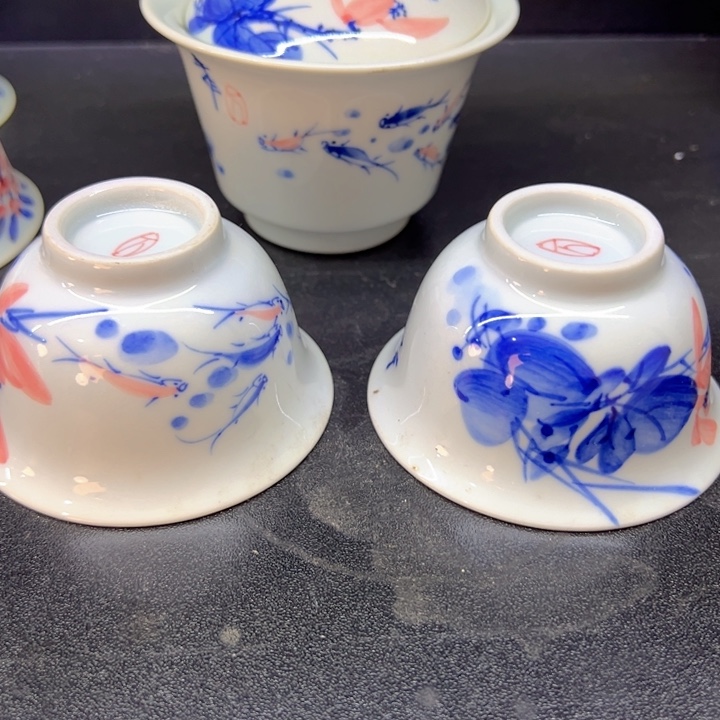 瓷片白青花鱼荷花纯手绘三件套微