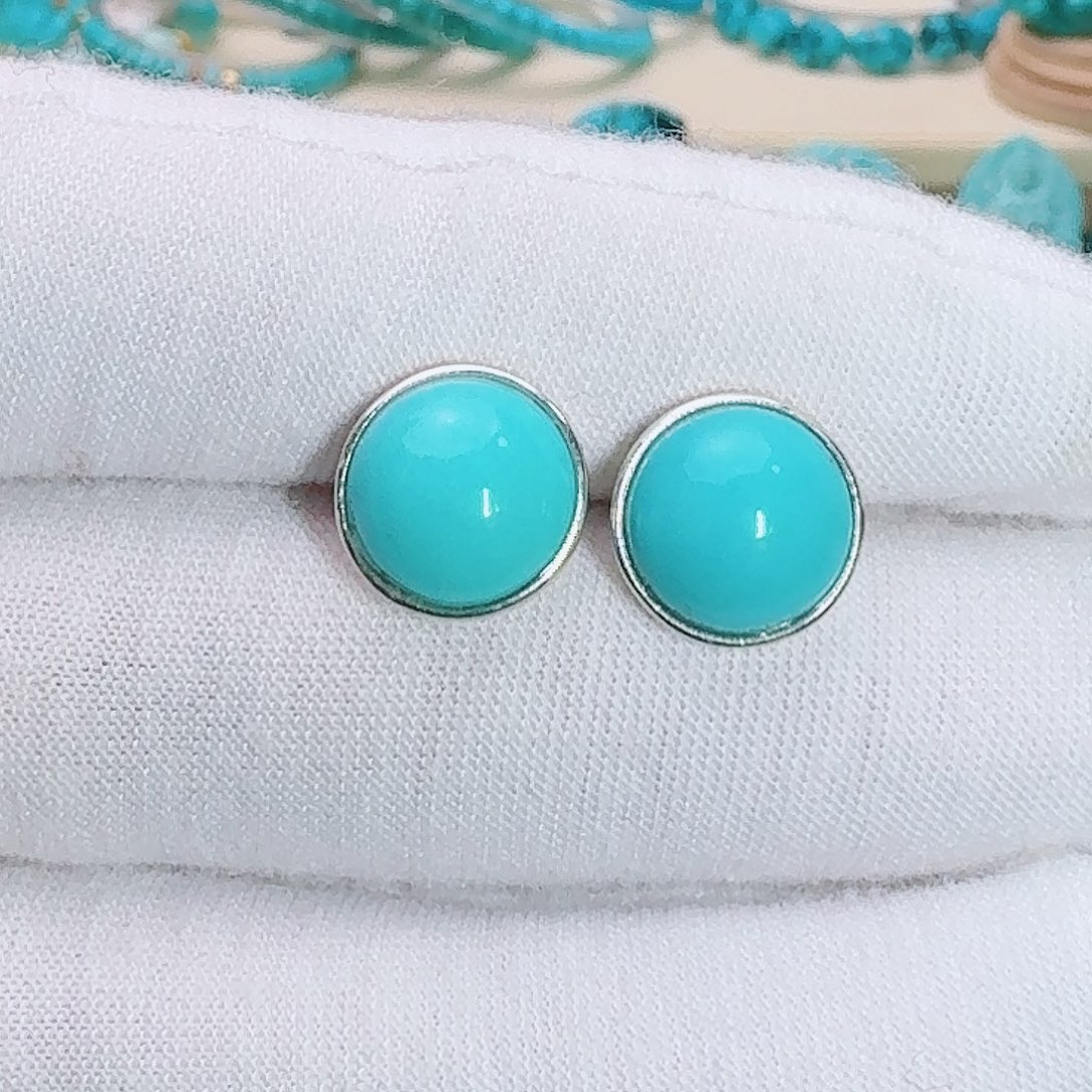 绿松石银S925镶嵌珠宝奇石简约饱满正圆耳钉