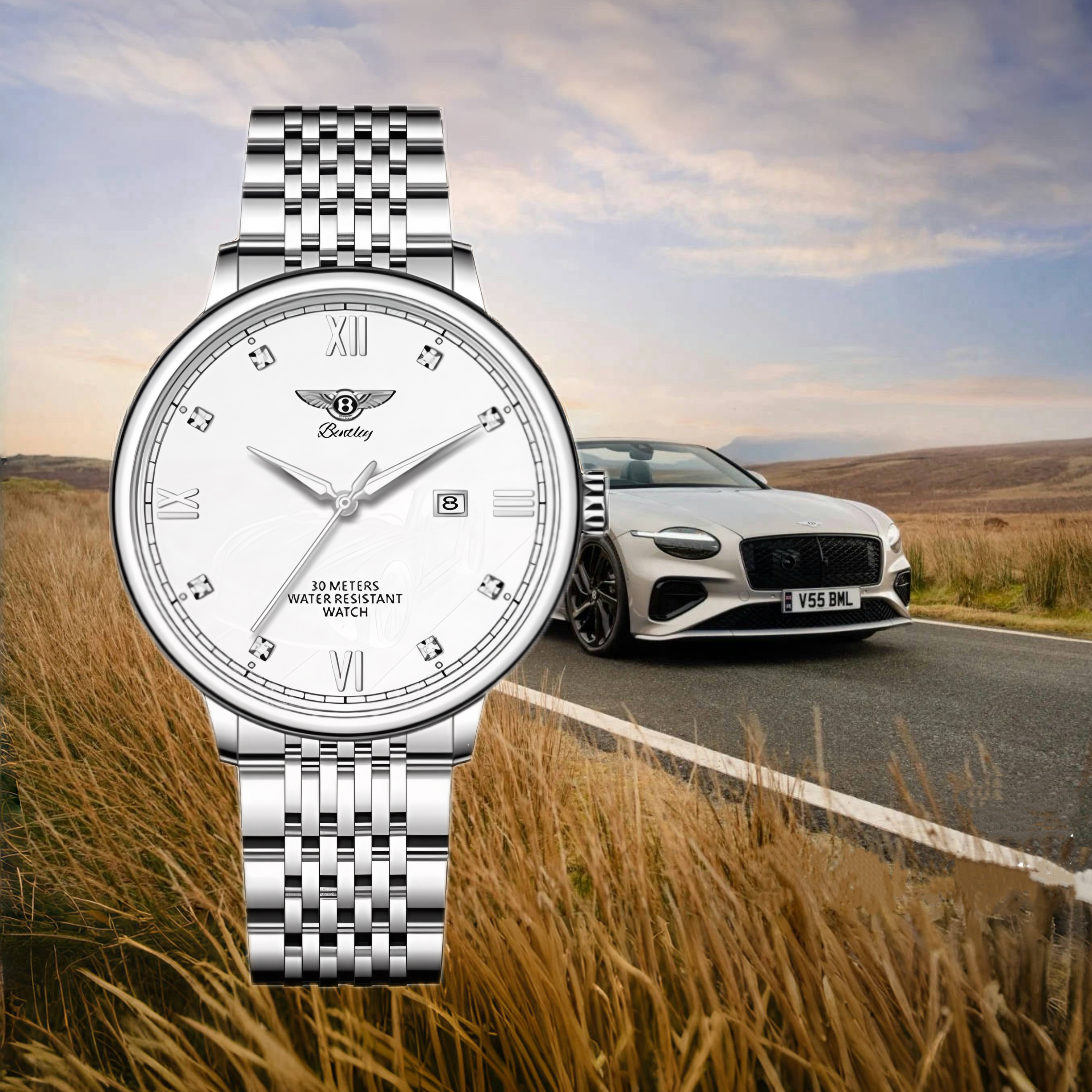 新-Bentley宾利星辰幻钻宾耀夜光男士腕表银色款