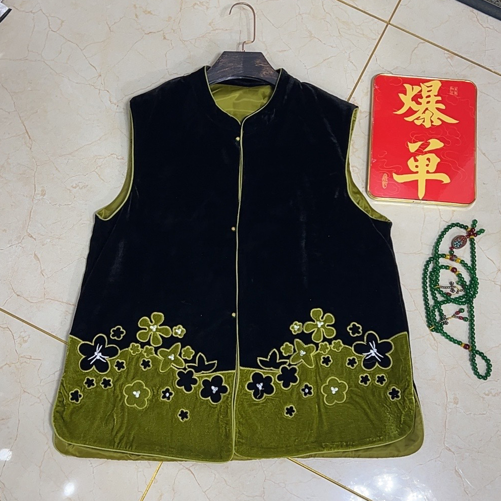 大聪新中式国风拼色丝绒马夹胖妹妹宽松洋气时尚200斤坎肩9298