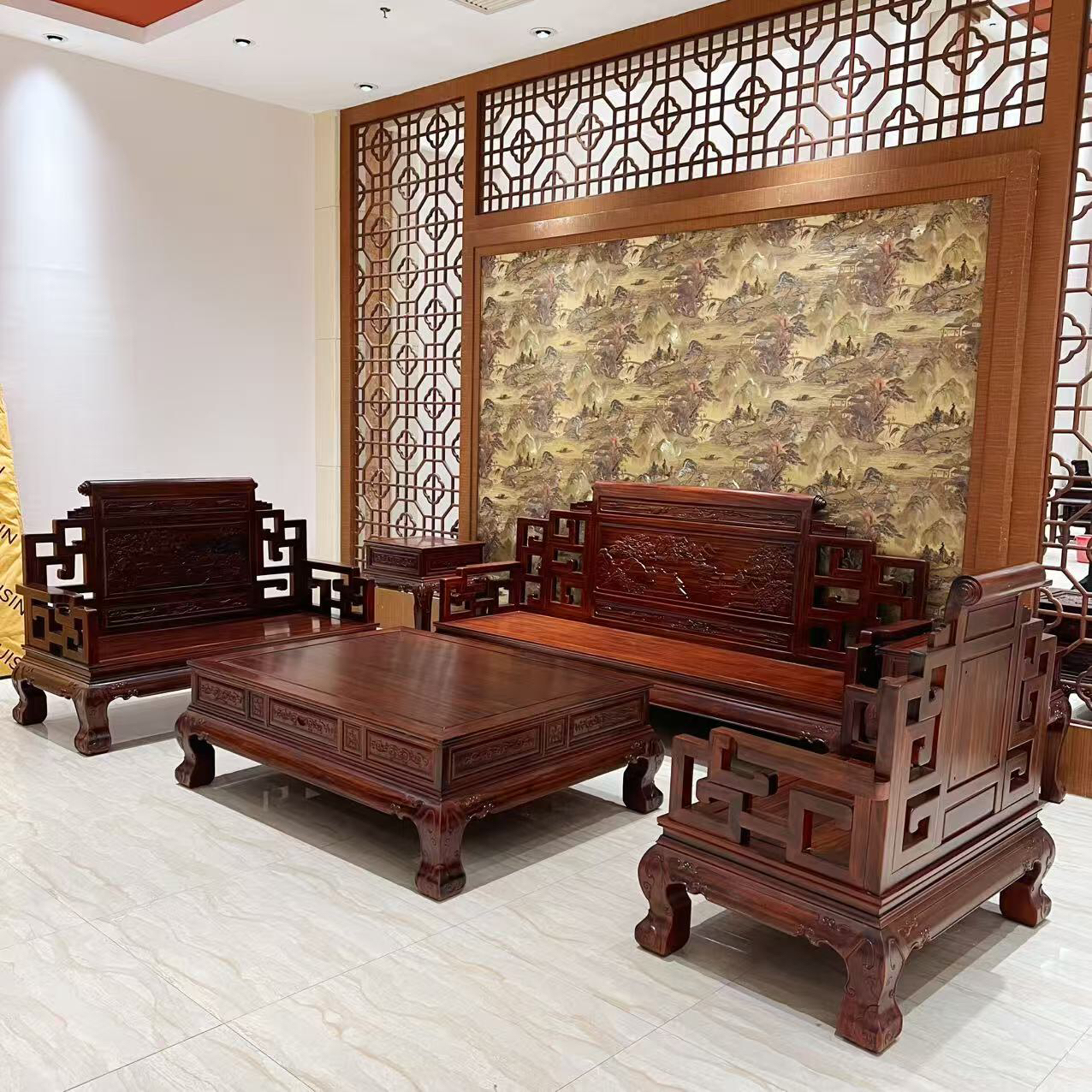 酸枝家用客厅山水雕花卷书沙发