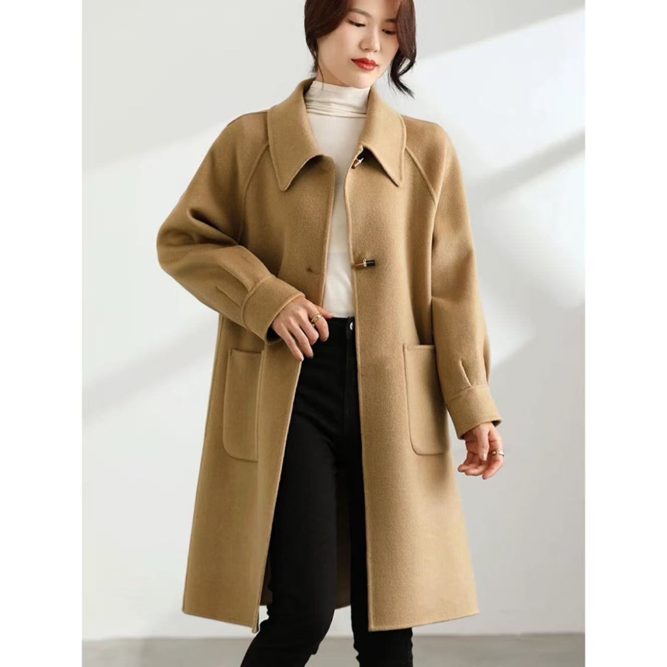 浮力清仓S027时尚翻领牛角扣双面中长款毛呢外套