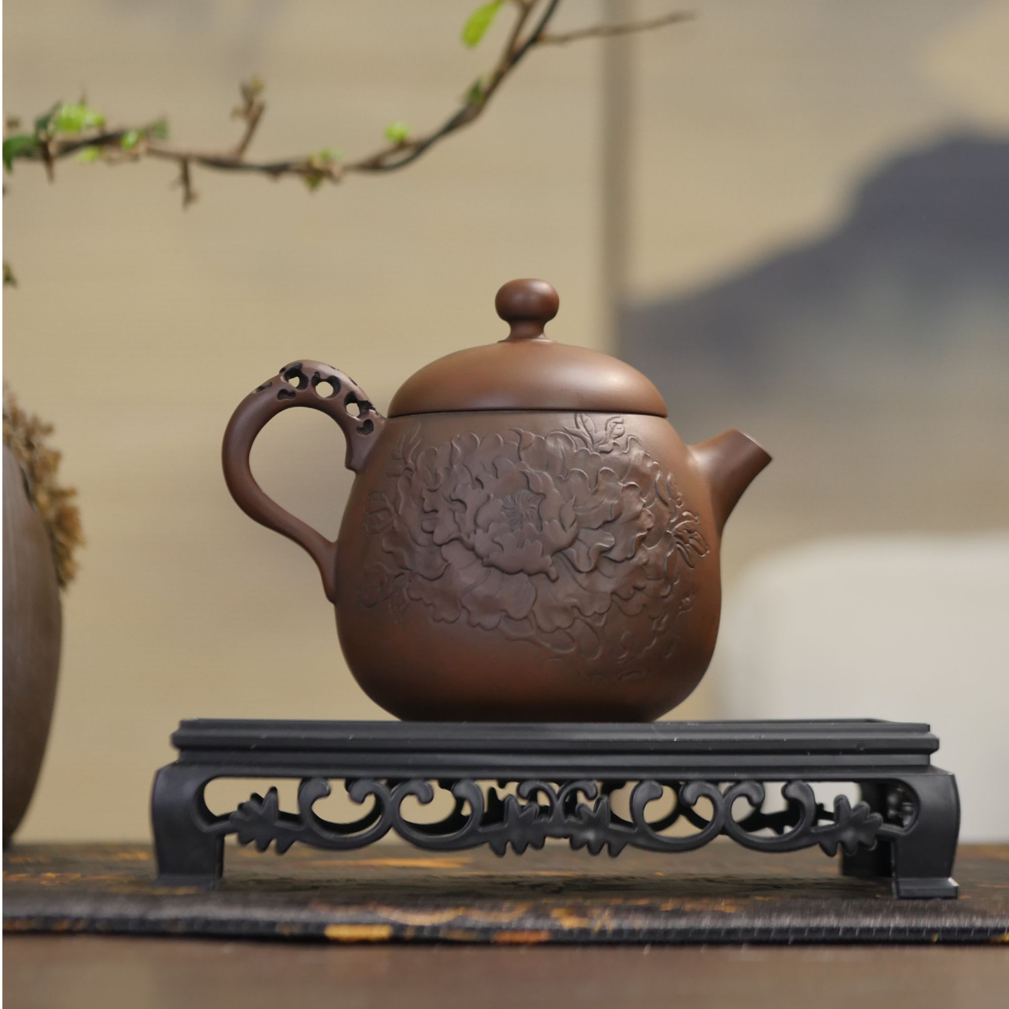 《云小陶》建水紫陶程志美老师阴刻阳填根雕满雕刻工艺170cc泡茶壶