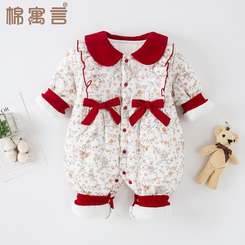 婴儿冬季连体衣可爱翻领蝴蝶结宝宝棉衣哈衣夹棉保暖防寒棉服外穿