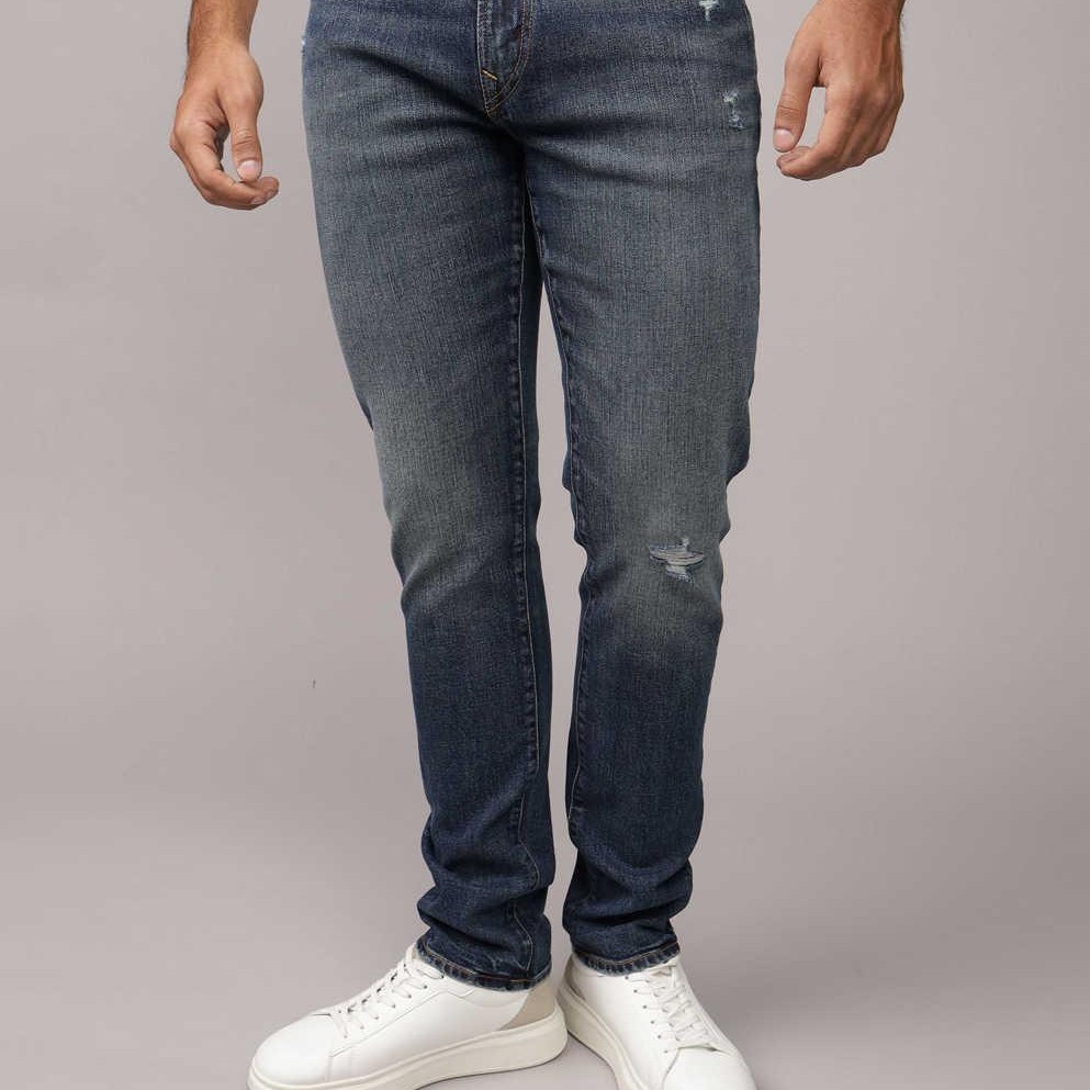 美国鹰AEO男士小破洞深蓝色直筒牛仔裤H-3