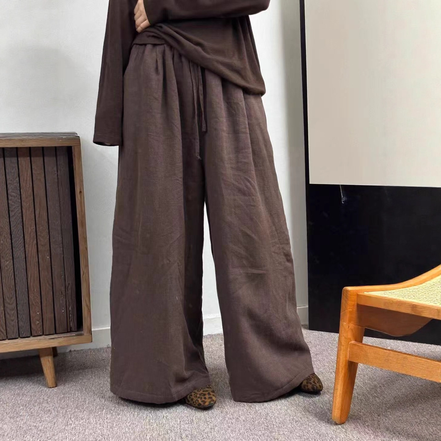 秋冬新款亚麻夹棉阔腿裤宽松百搭纯色休闲裤