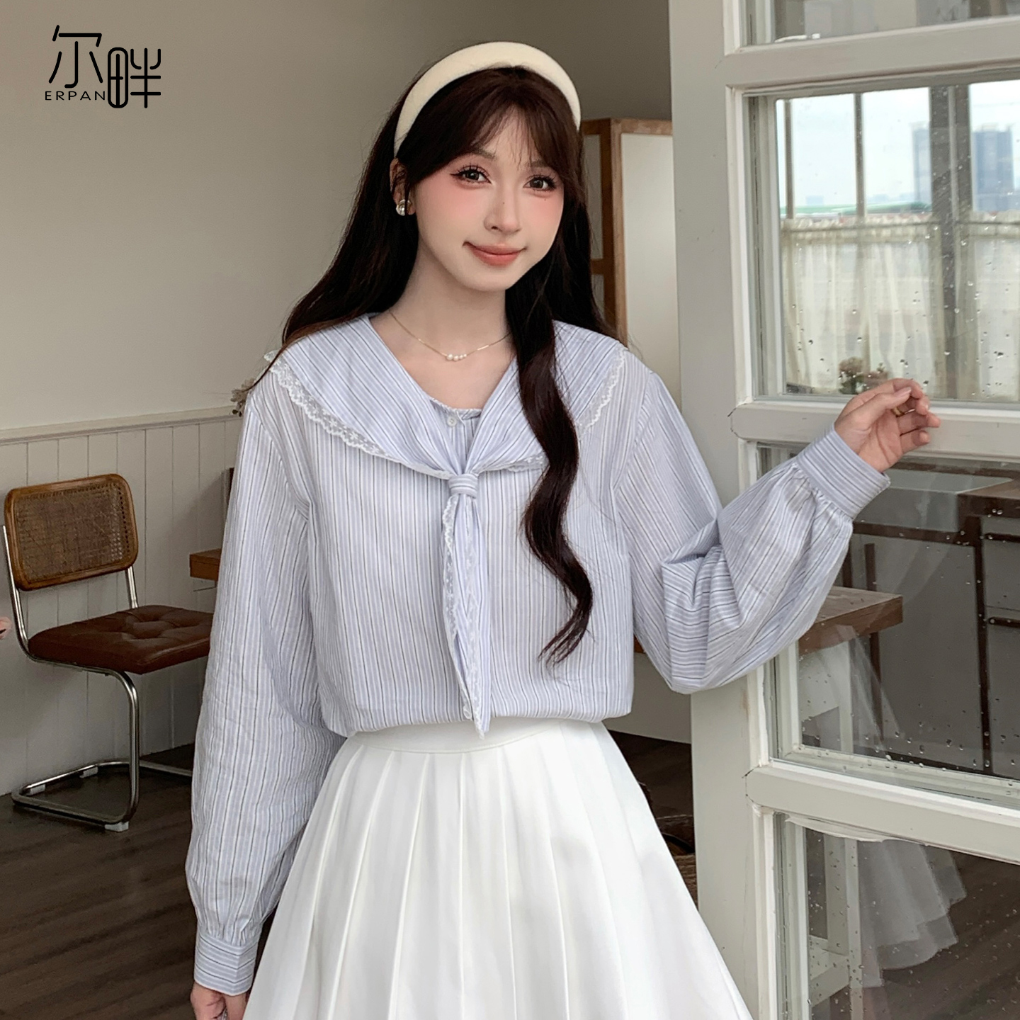 法式条纹海军领衬衫女2025秋新款别致设计感小众宽松休闲上衣