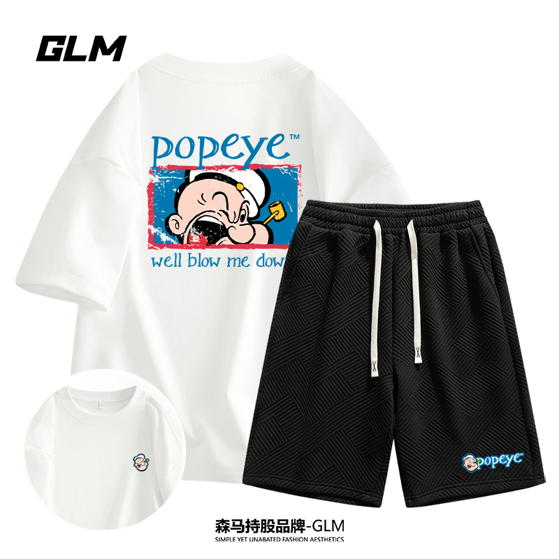 大力水手联名GLM【运动套装】宽松短袖T恤纯棉青少年百搭五分裤上衣