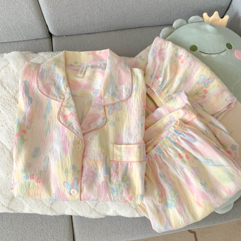 睡衣女夏季短袖三件套云朵棉亲肤宽松大码薄款甜美家居服